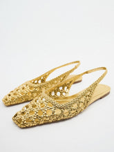 Metallic Gold Woven Hollow-Out Square-Toe Slingback Flat Sandals For Women